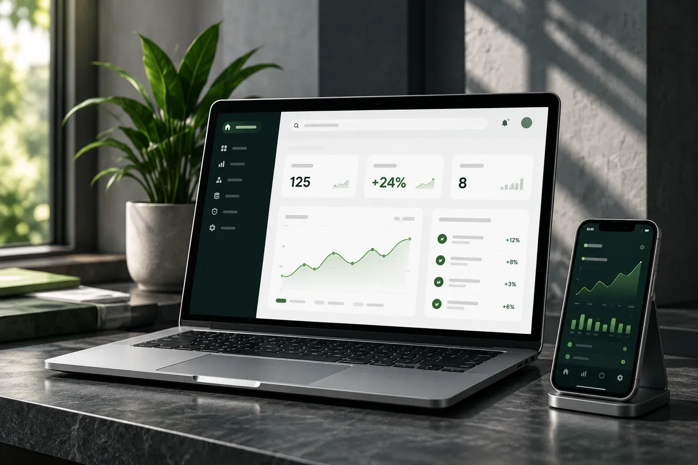Business dashboard running on a laptop and a mobile phone.