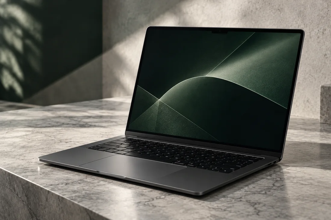 Dark laptop on a stone table in a studio